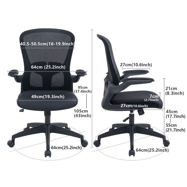 KERDOM Chaise de bureau ergonomique avec accoudoirs rabattables et support  lombaire, chaise pivotante réglable en hauteur
