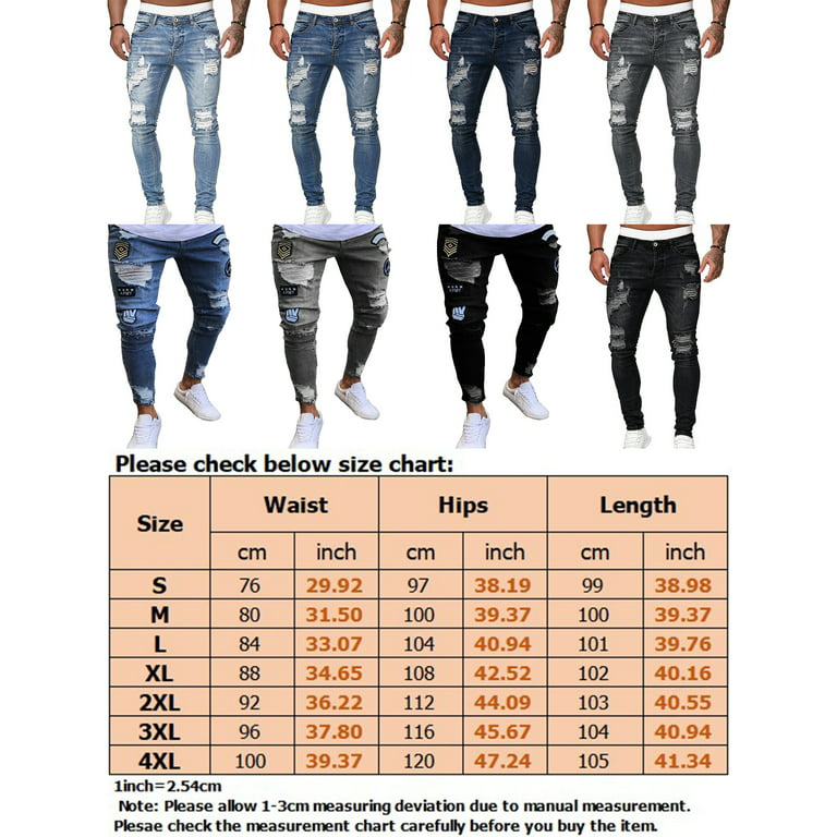 Mens Bottoms Frayed Ripped Jeans Denim Pants Slim Fit Distressed Skinny  Trousers