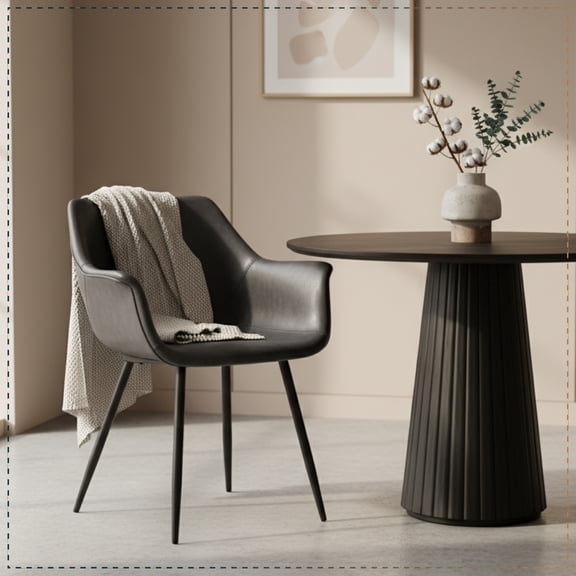 Markley Modern Leather Dining Arm Chair With Metal Legs  - Charcoal Black