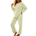 thumbnail image 3 of Zynoxe 2 Piece Pajama Set for Women Classic Crew Neck Long Sleeve Top Straight Leg Long Pants Suit Casual Solid Color Women Pajama Sets Fashion Heart Jacquard Fleece Sleepwear Set, 3 of 9