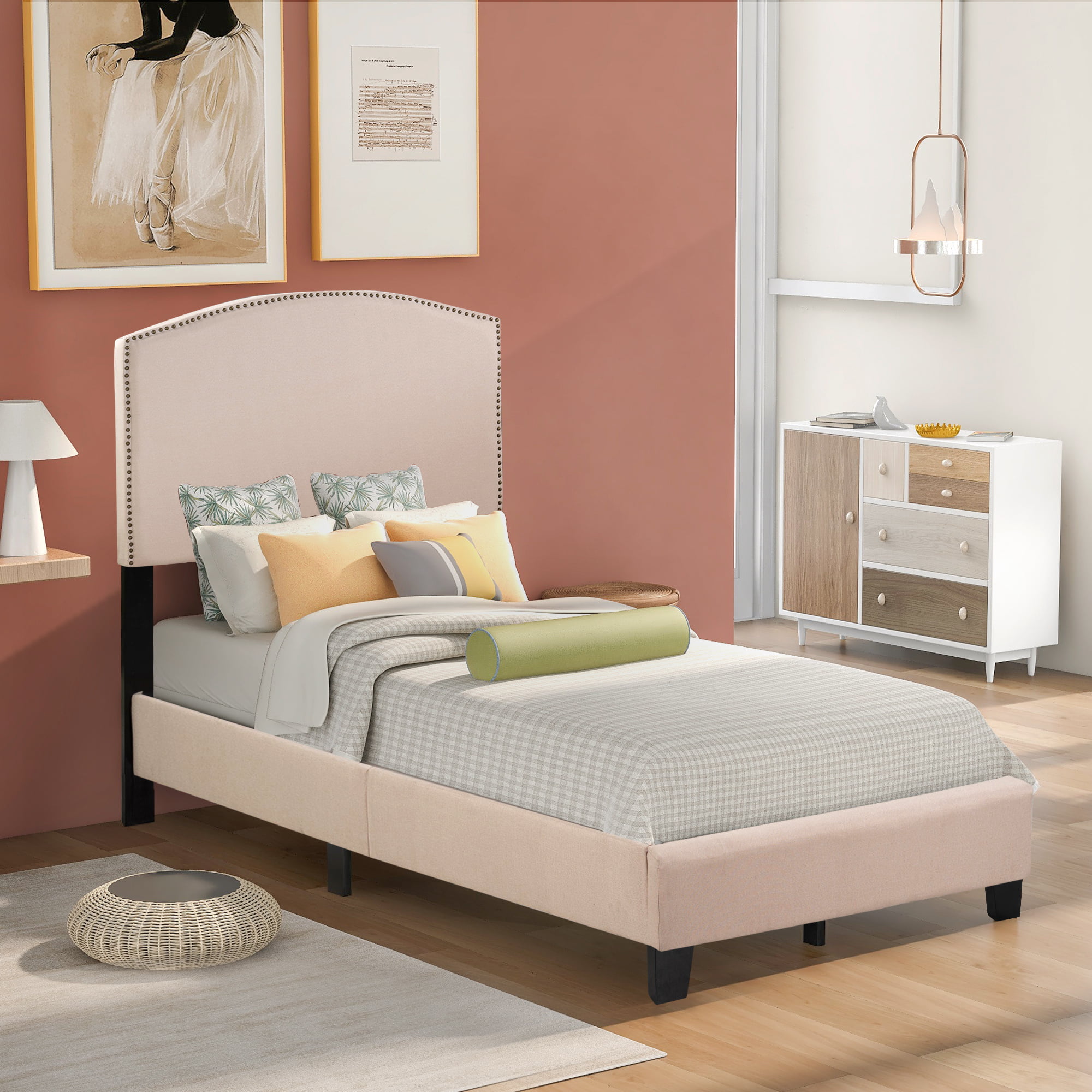 Full/Queen King Beige Platform Bed Frame with Wooden Slats and Nailhead Decro 
