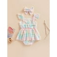 thumbnail image 5 of Baby Girls Romper Set, Fly Sleeve Plaid Lace Trim A-line Dress with Headband Summer Outfit, 5 of 9