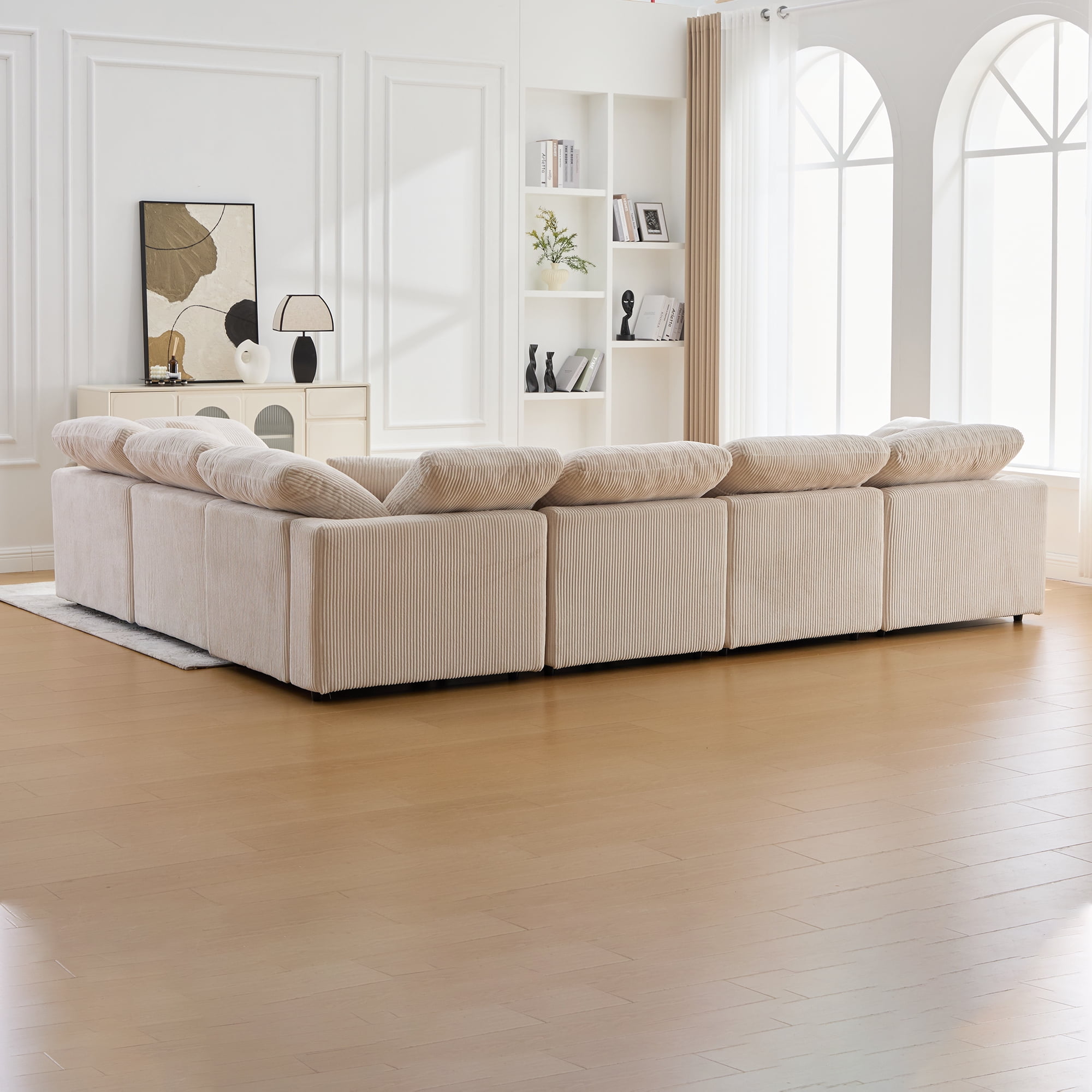 BINBANK Oversized 7-Seater Modular Sectional Sofa with Movable Ottoman, Corduroy L-Shaped Couch for Living Rooms/Apartments/Offices,Beige