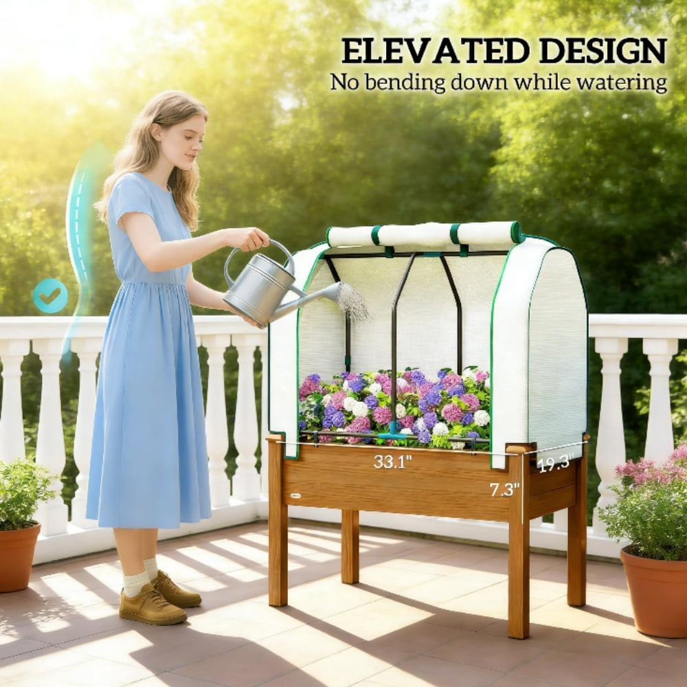 Raised Garden Bed with PE Cover, Fir Wood & Steel Frame, Roll-Up Ventilated Cover, Non-Woven Fabric, 4 Drainage Holes, 88 Lbs Capacity for Outdoor Plants Vegetables Flowers