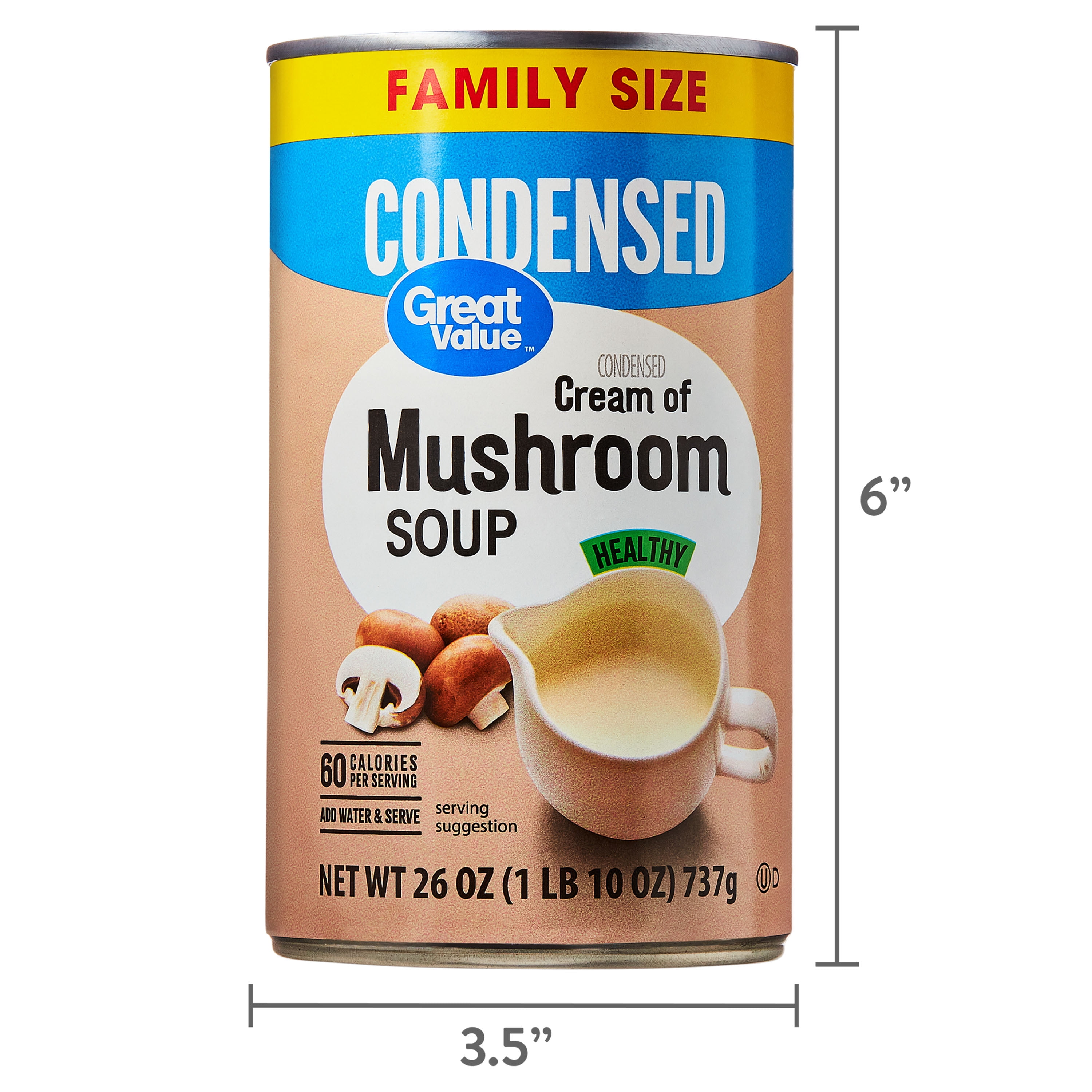 Great Value Heart Healthy 98% Fat Free and 50% Less Sodium Cream of Mushroom Condensed Soup, Family Size, 26 oz Can