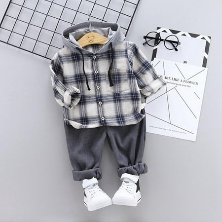 

URMAGIC Toddler Baby Boys Clothes Lattice Button Down Hoodied Tops +Pants Boys Fall Winter Outfits 1-4 Years
