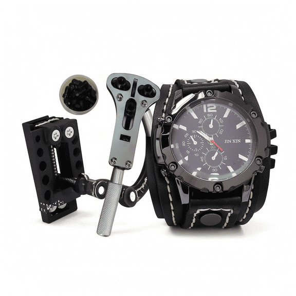 Segolike Men Wrist Watches Male Watch Bangles Comfortable Wide Leather Strap for Men Black Watch Repair Kit Multi-Functional Watch Replacement Tool Set