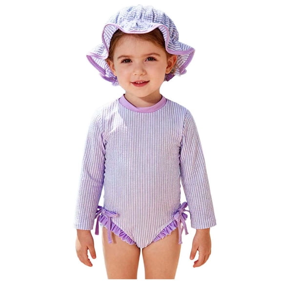 Toddler Little Girl Bathing Suits Striped One Piece Swimsuit with Ruffled Sunhat Baby Swim Pool Travel Outfits (12 Months, Purple)