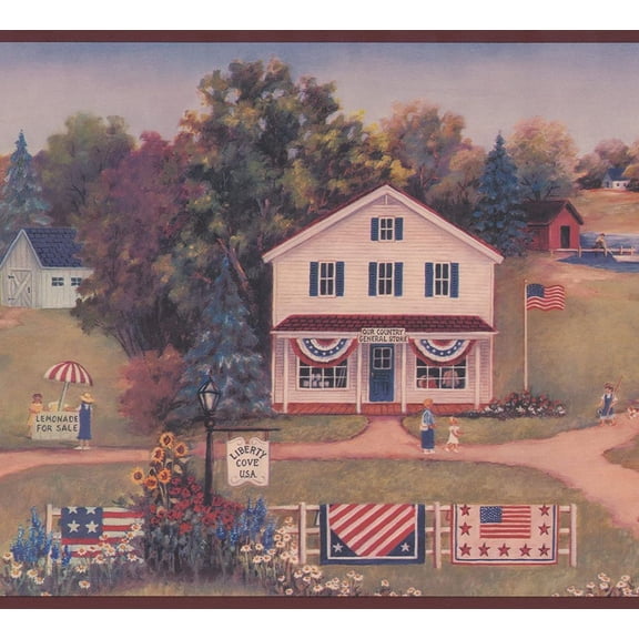 Concord Wallcoverings Wallpaper Border Patriotic Pattern Vintage American Countryside for Dining Area Living Room Social Room, Navy Red White Blue Green Brown Yellow, 8 Inches by 15 Feet PC95042B