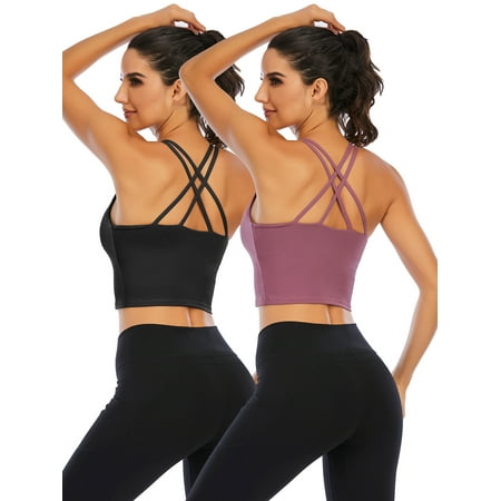 

2 Pack Women s Sport Bra Strappy Back Yoga Tops Running Workout T-Shirt Sports Underwear Inner Chest Pad Sling Tube Top Vest