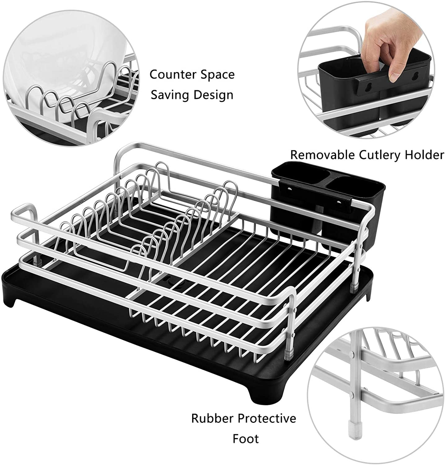 Aluminum Dish Rack with Cutlery Holder Removable Drainer Tray, Silver