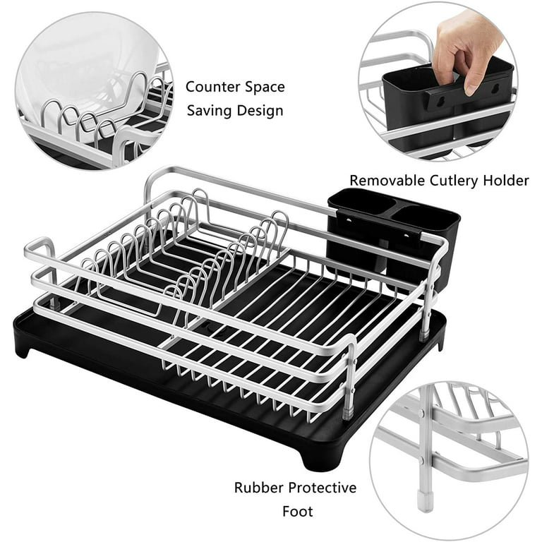 Oumilen Rose Gold Aluminum Dish Rack, Counter Rustproof Dish Storage with Cutlery Holder, Removable Drainer Tray