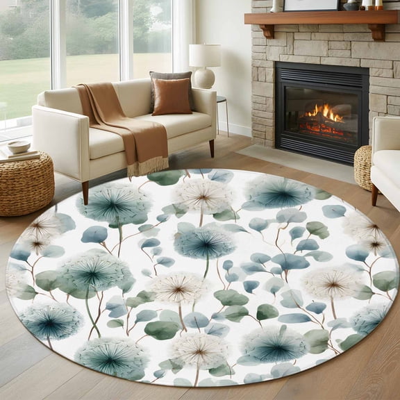Round Area Rug 7 Ft, Watercolor Dandelion Washable Non-Slip Circle Carpet for Living Room/Bedroom, Spring Flowers Botanical Vintage Low-Profile Large Runner Mat Collection Rugs for Indoor