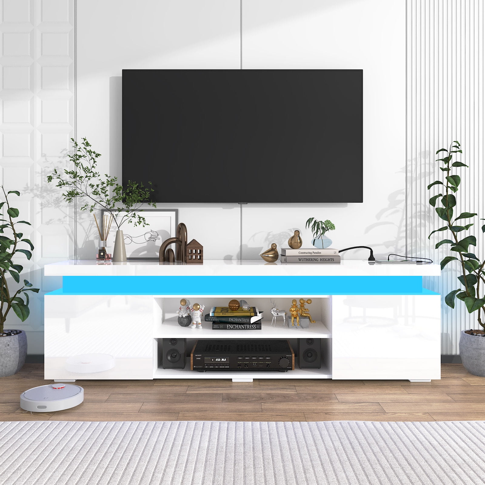 LED TV Stand for TVs up to 75" with Power Outlets, High Gloss Gaming Entertainment Center Media Console with Sound Bar Shelf