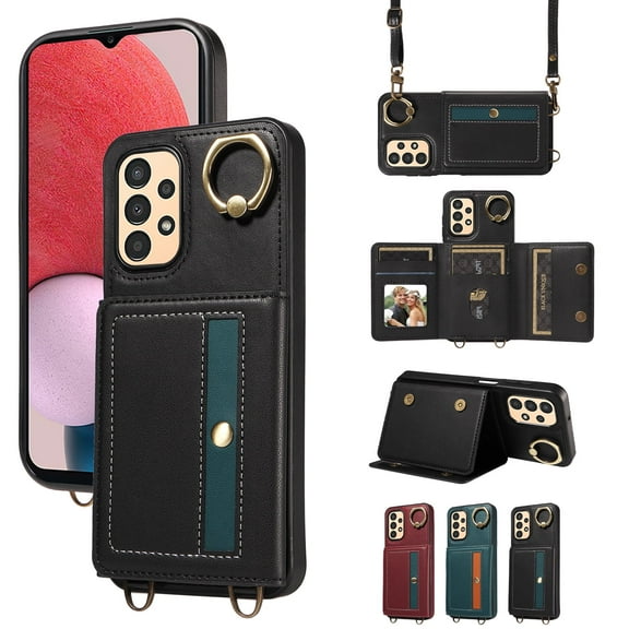 Dteck Case for Samsung Galaxy A13 5G Wallet Case, Crossbody Card Holder Purse with Lanyard for Women, 360° Ring Kickstand Magnetic Flip Leather Cover for Galaxy A13 4G/5G,Black