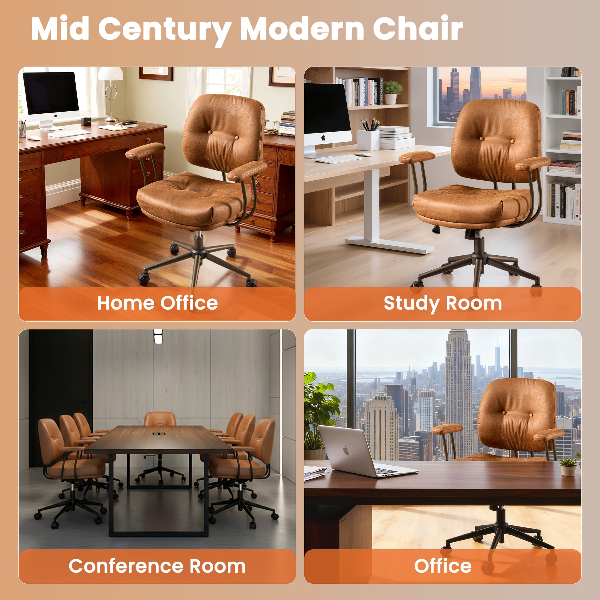 Vcatnet Home Office Chair with Lumbar Support Mid-Century Modern Executive Desk Chair Ergonomic Adjustable Office Chair, Suede Leather, Brown