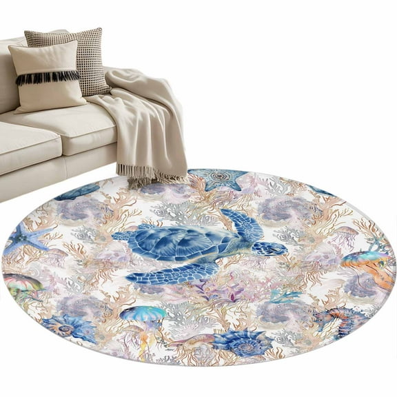 Sea Turtle Round Area Rug 3 FT, Small Kitchen Bathroom Mat, Summer Coastal Nautical Coral Seahorse Washable Indoor Outdoor Throw Runner Carpet Non-Shedding Doormat for Table Shower Sofa Entryway