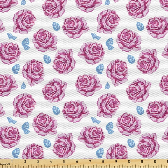 Ambesonne Floral Fabric by the Yard Upholstery, Roses Leaves Vintage Art, 2 Yards, Pale Mauve Soft Pink
