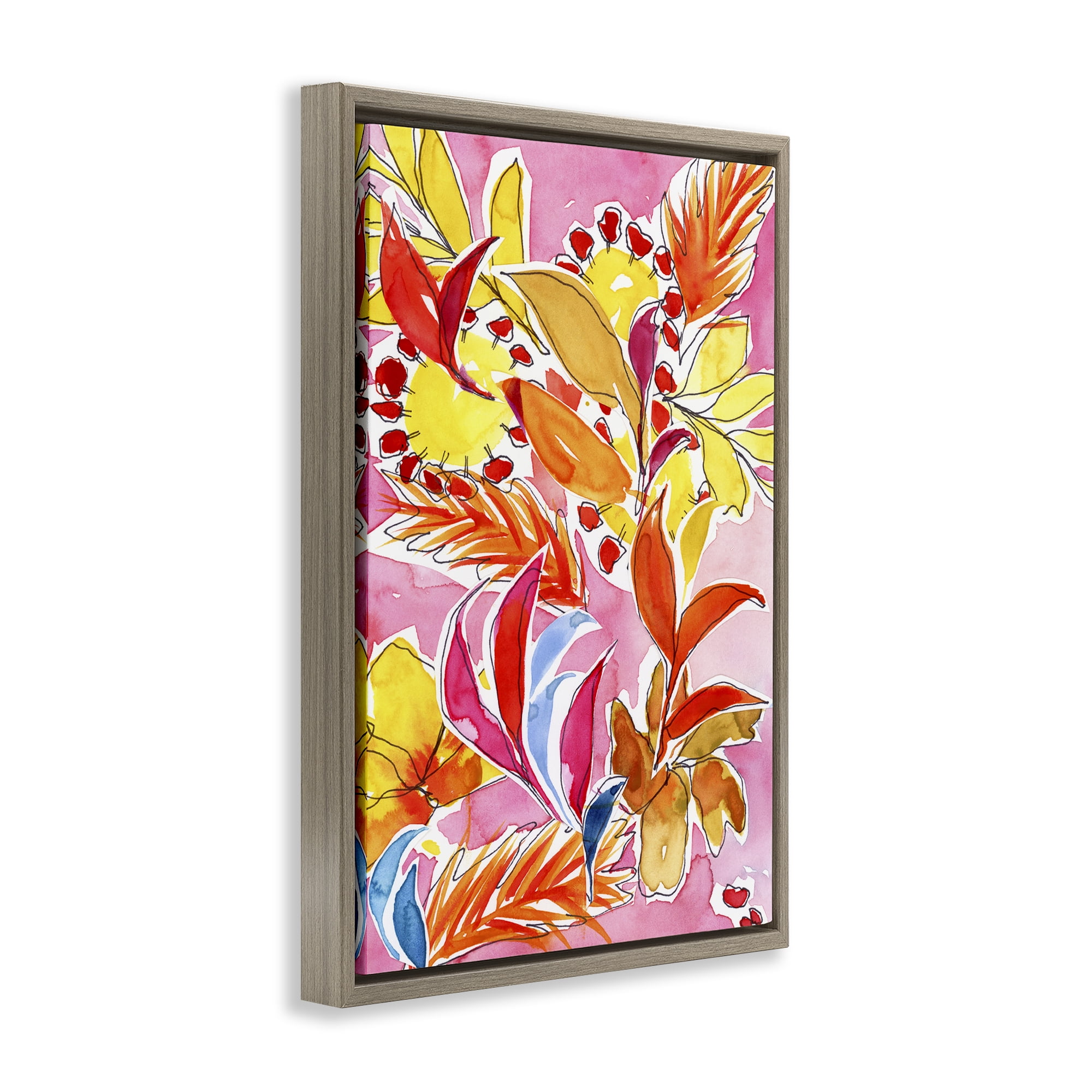 Stupell Industries Orange Botanicals on Pink Plants & Flowers Painting Brown Floater Framed Canvas Art Print Wall Art, 17 x 25
