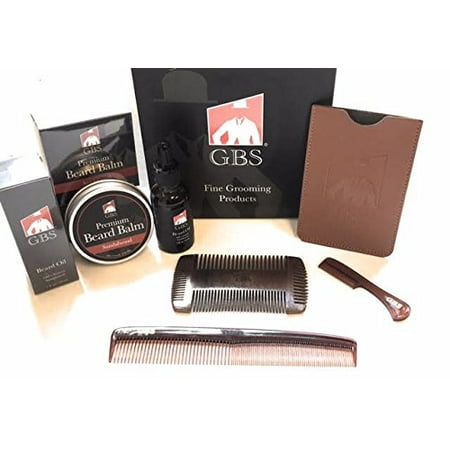 GBS Sandalwood Groomed Beard Set- Beard balm and Oil, Mustache Comb, Dressing Comb and 4-sided Wood Comb (protective case included)