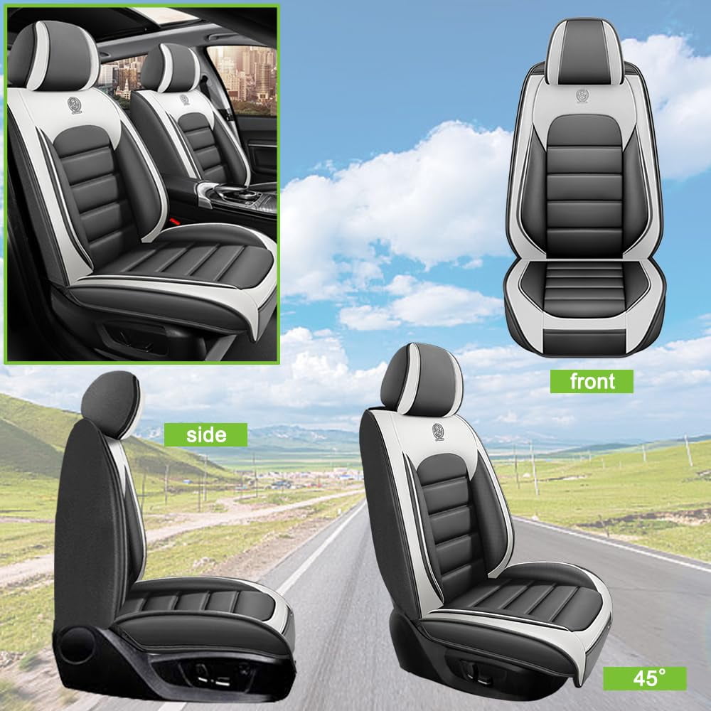 AFUNTIO Seat Covers for Chevy 99% Models,2PCS Leather Car Seat Cushions,Waterproof Car Sit Protectors,Nonslip Interior Accessories(White and Gray)