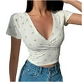 thumbnail image 2 of bnaln Womens Crop Tops Short Sleeve Deep V Neck Y2k Shirt Sexy Blouse Summer Cute Floral Top Slim Fitted Mini T Shirt Girls Cropped Tshirt Party Evening Holiday Beach Outfits Cheap, 2 of 6