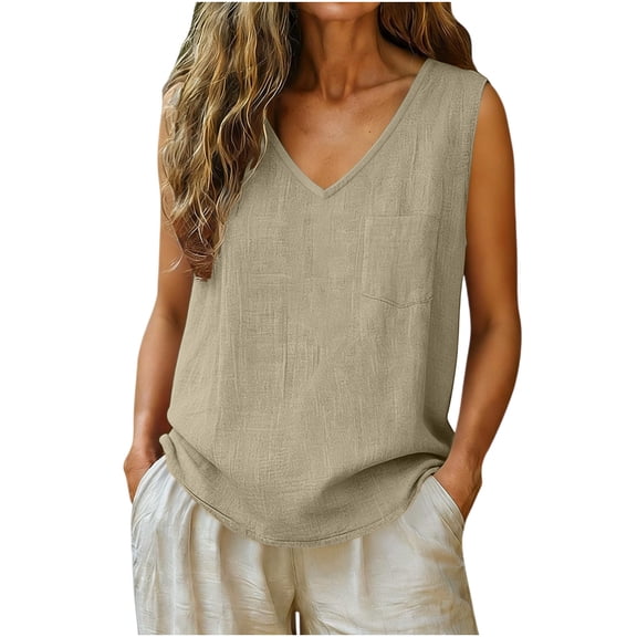Sevevn Women's Sleeveless V Neck Linen Tank Tops Casual Loose Fit Pocket Summer Blouse Khaki 2XL