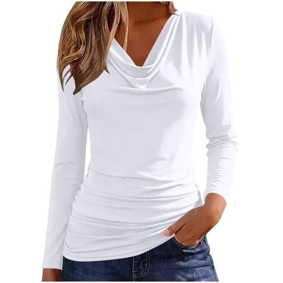 Lenpel Womens Long Sleeve Tops Cowl Neck Casual Solid Color Shirts Stretch Comfy Soft Fashion Ruched Blouses Fall Outfits