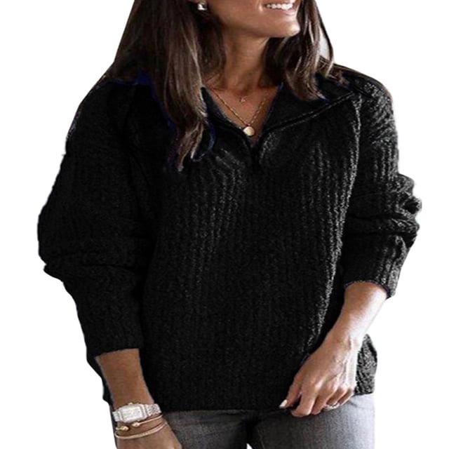 Women‘s Plus Size Long Sleeves Pullover Knitted Tops Casual Zipper Sweaters