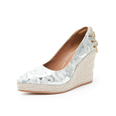 

Rotosw Ladies Wedge Heels Slip On Pumps Color Block Shoes Non-Slip Comfort Walking Shoe Daily Lightweight Espadrilles Silver 4.5