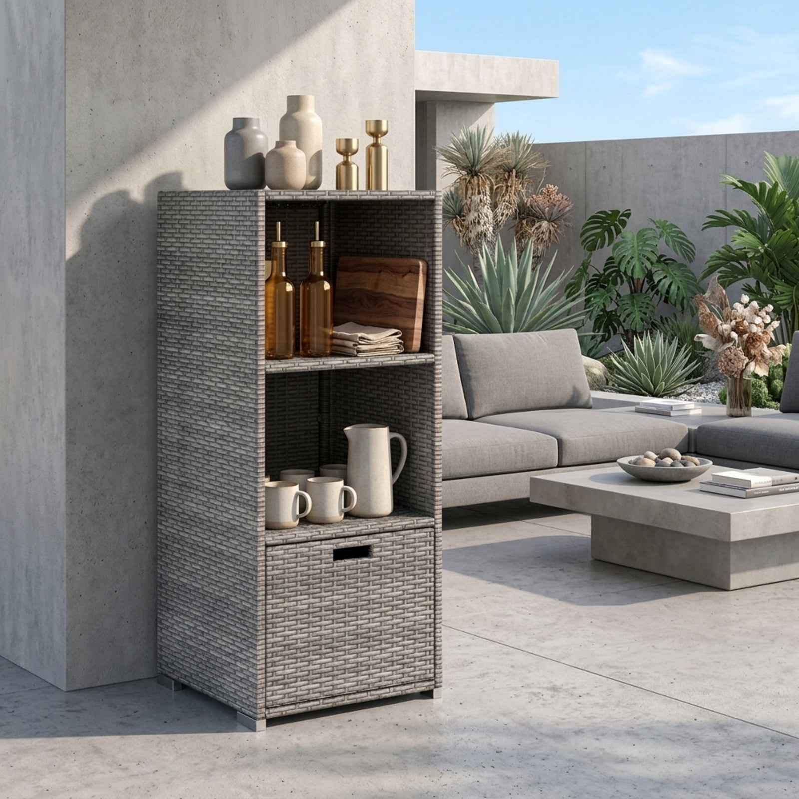 Biotree Outdoor Storage Cabinet with Drawer and 3 Shelves for Patio Porch Poolside Backyard, Mix Brown