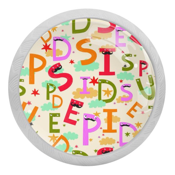 4PCS Round Funny Letters Cabinet Fluorescence Knob Glowing in the Dark Furniture Drawer Pulls Handle with Screws