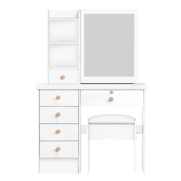 ASKMZ Modern Dressing Table with Sliding Mirror, 6 Storage Drawers and Shelves, Bedroom Vanity Desk, 31.5" x 48" x 14.4"
