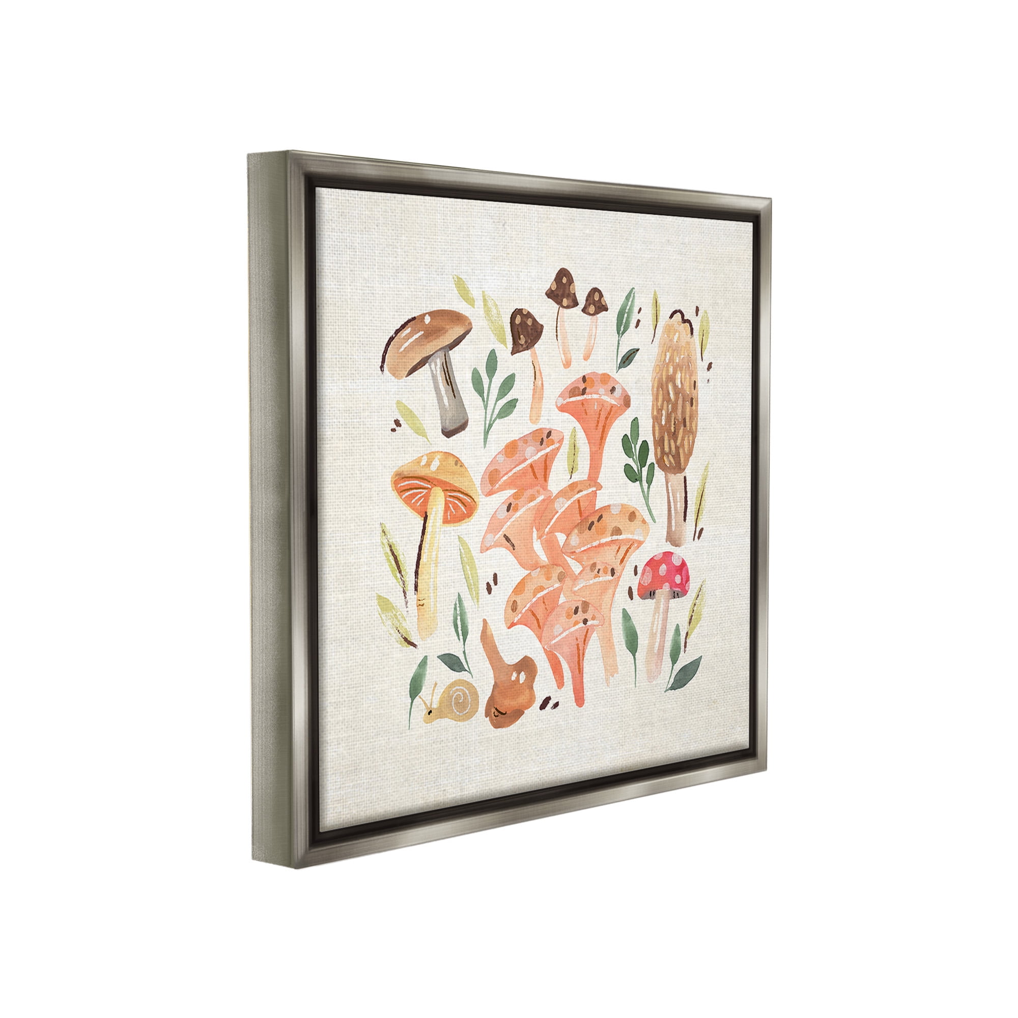 Stupell Industries Varied Mushrooms & Snail Botanical & Floral Painting Gray Floater Framed Canvas Art Print Wall Art, 25 x 25