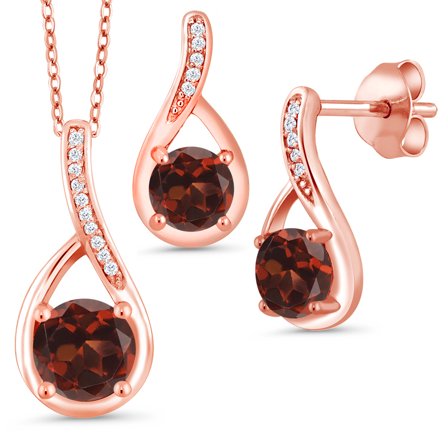 Gem Stone King 18K Rose Gold Plated Silver Red Garnet and Diamond Pendant and Earrings Jewelry Set for Women (2.24 Cttw, Gemstone Birthstone, Round 6MM, with 18 inch Chain)
