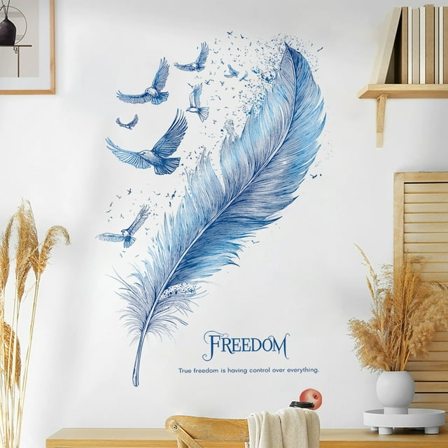 Adhesivos de pared con plumas azules, pájaros que vuelan en libertad, 30 x 90 cm