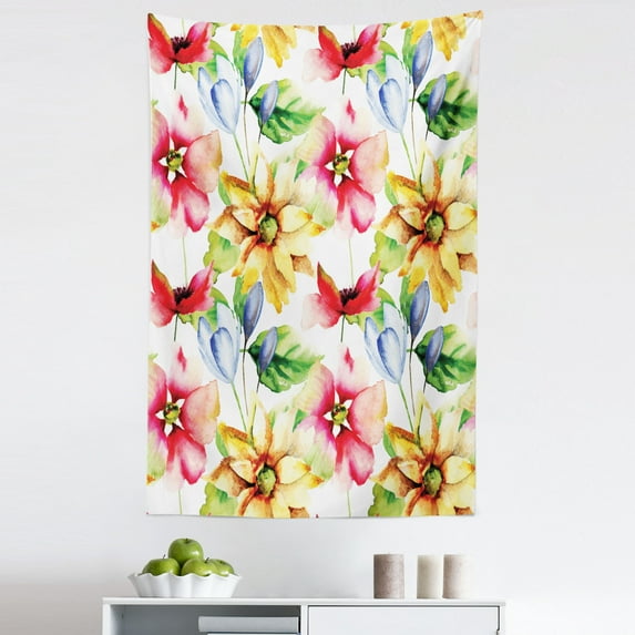 Colorful Tapestry, Spring Flora Pattern Print Painting Effect Country Style Art, Fabric Wall Hanging Decor for Bedroom Living Room Dorm, 5 Sizes, Multicolor, by Ambesonne