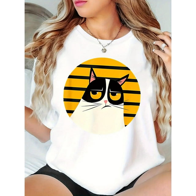 T-shirt Graphique à la Mode pour Femmes avec Motif de Chat - Col Rond Décontracté à Manches Courtes, Haut d'Été Confortable en Mélange de Polyester, Lavable en Machine, Chemise Chat pour la Fête des Pères, Fête des Mères, Nouvel An, Festival du Printemps, Saint-Valentin