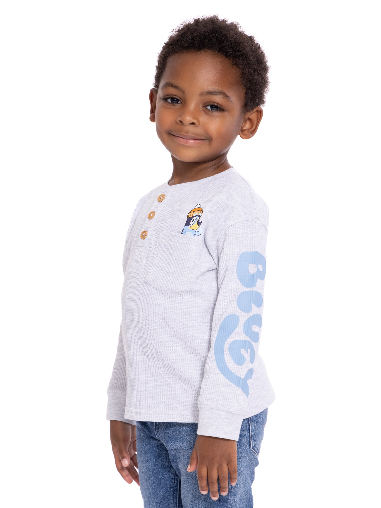Bluey Toddler Boys Holiday Thermal Henley Shirt with Long Sleeves, Sizes 12M-5T