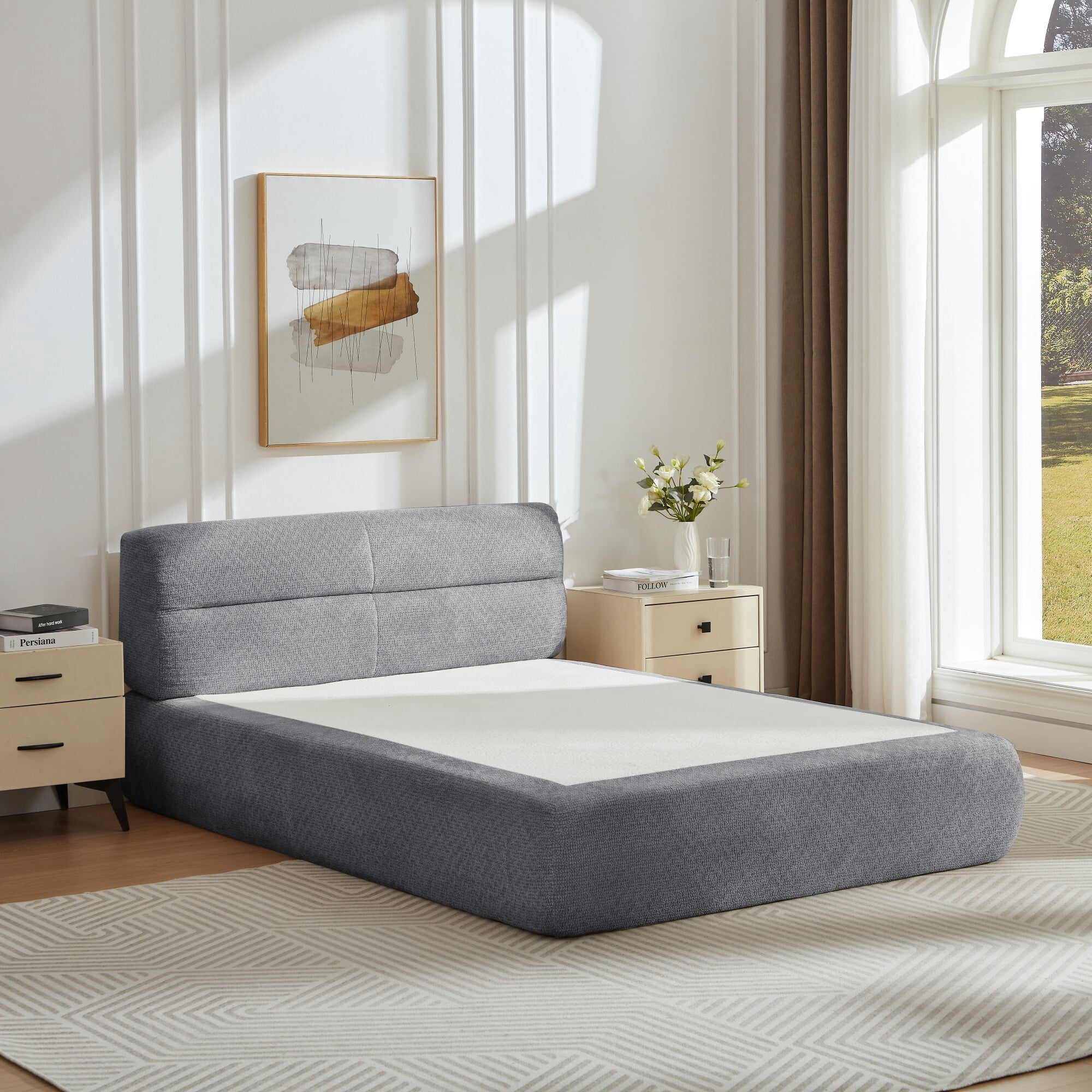 DEALTOPS Modern Upholstered Chenille Bed, Compressed Platform Bed with Spring Support, No Assembly, Gray