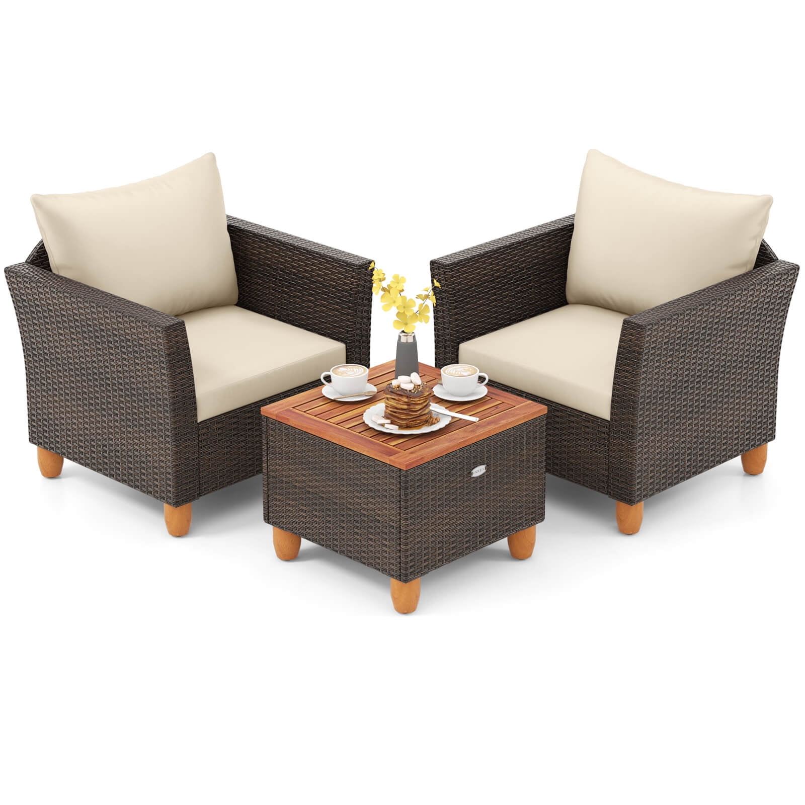 Costway 3PCS Patio Wicker Rattan Sofa Set Furniture Outdoor Acacia Wood Conversation Brown