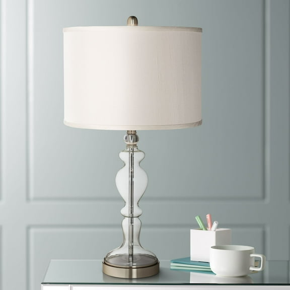 Possini Euro Design Apothecary Modern Table Lamp 28" Tall Clear Glass Cream White Faux Silk Drum Shade for Bedroom Living Room Bedside Nightstand Home