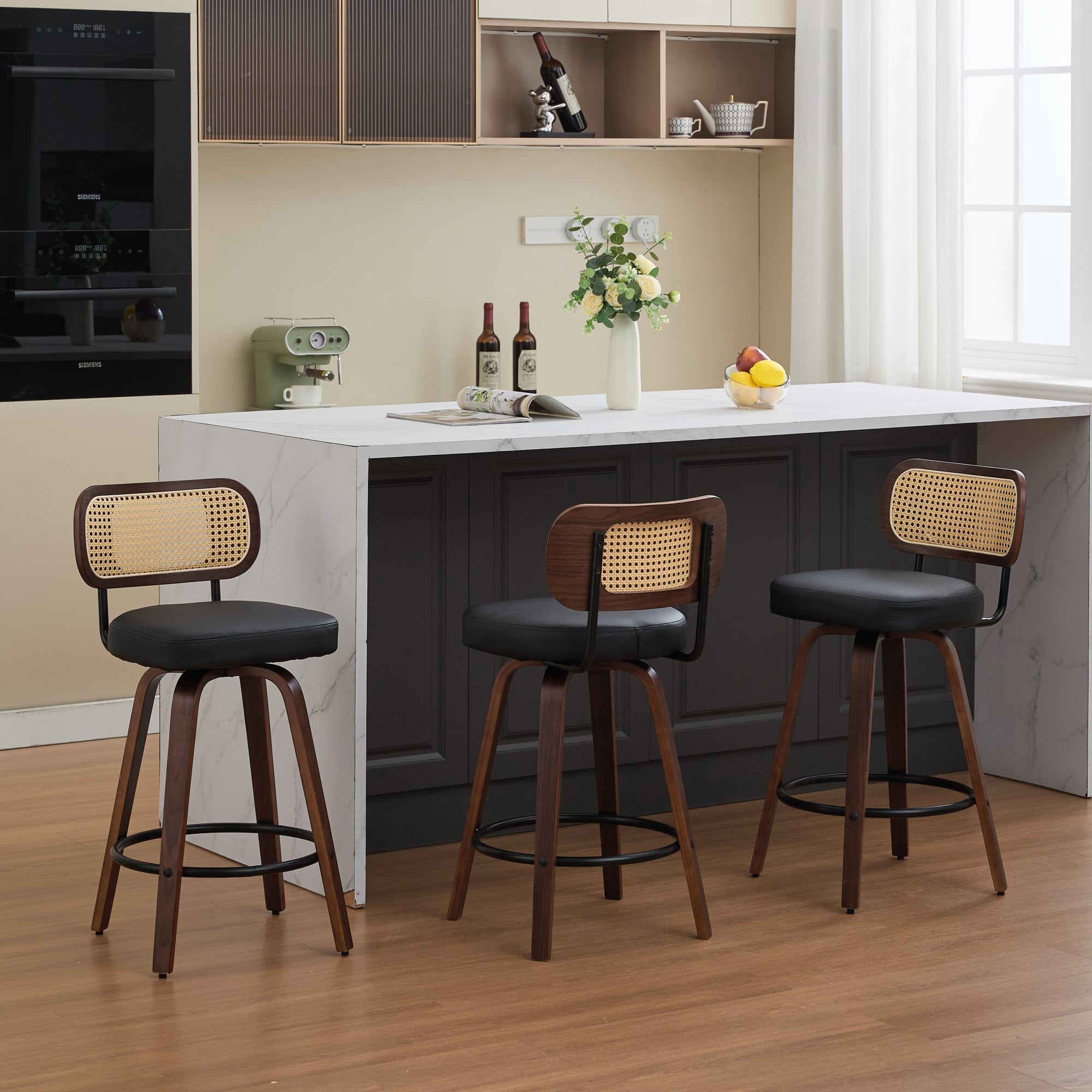Oufan Swivel Bar Stools Set of 3, Wooden Counter Height Bar Chairs w/ Upholstered Seat & Rattan Backrest, Farmhouse Barstool for Kitchen Island,Cafe