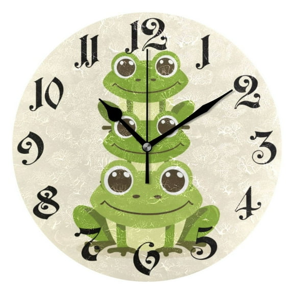 Silent Wall Clock Cute Frogs 10" Non-Ticking Battery Clock Rustic Retro Home Decorative for Living Room Kitchen Bathroom