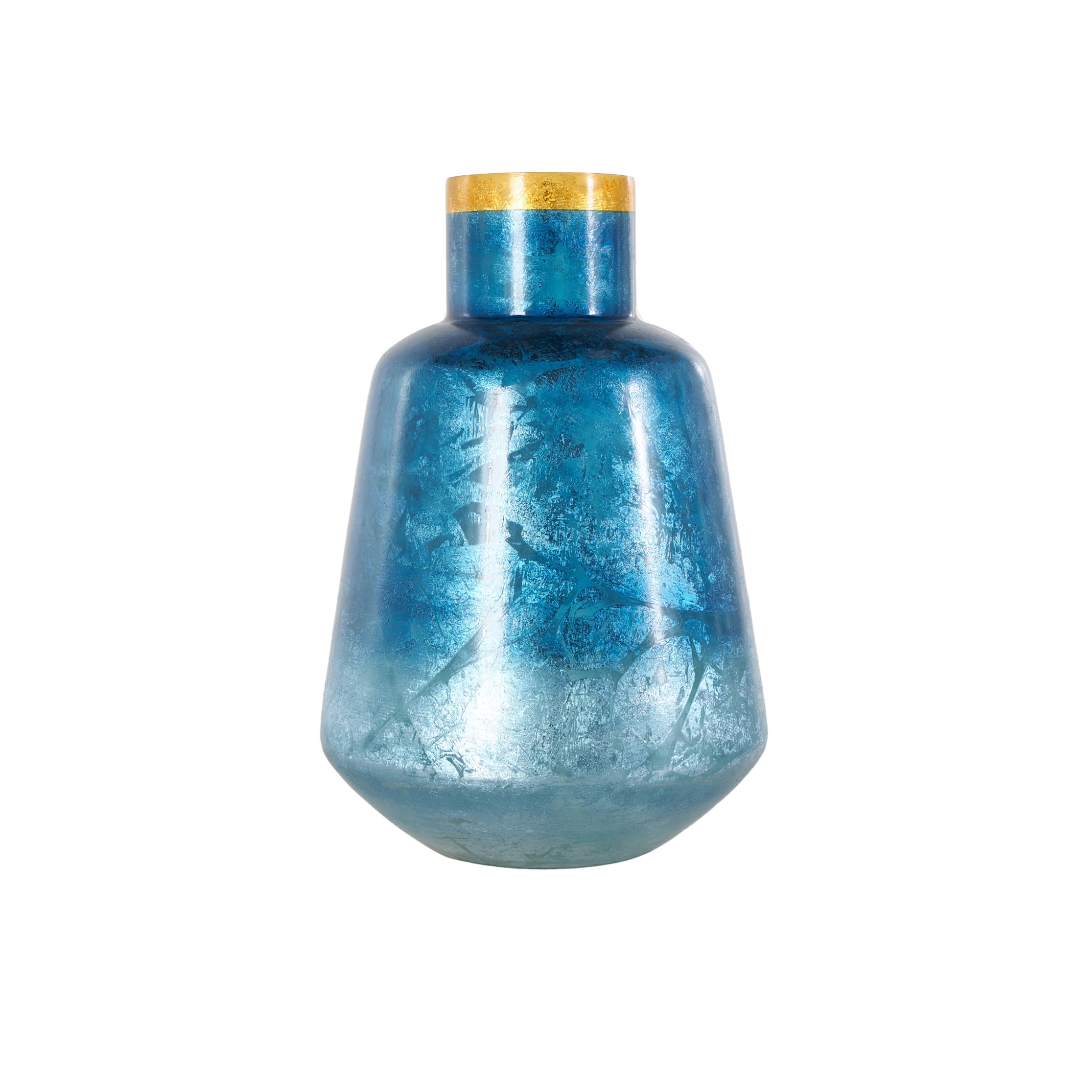 DecMode 14" Handmade Blue Glass Vase with Gold Rim