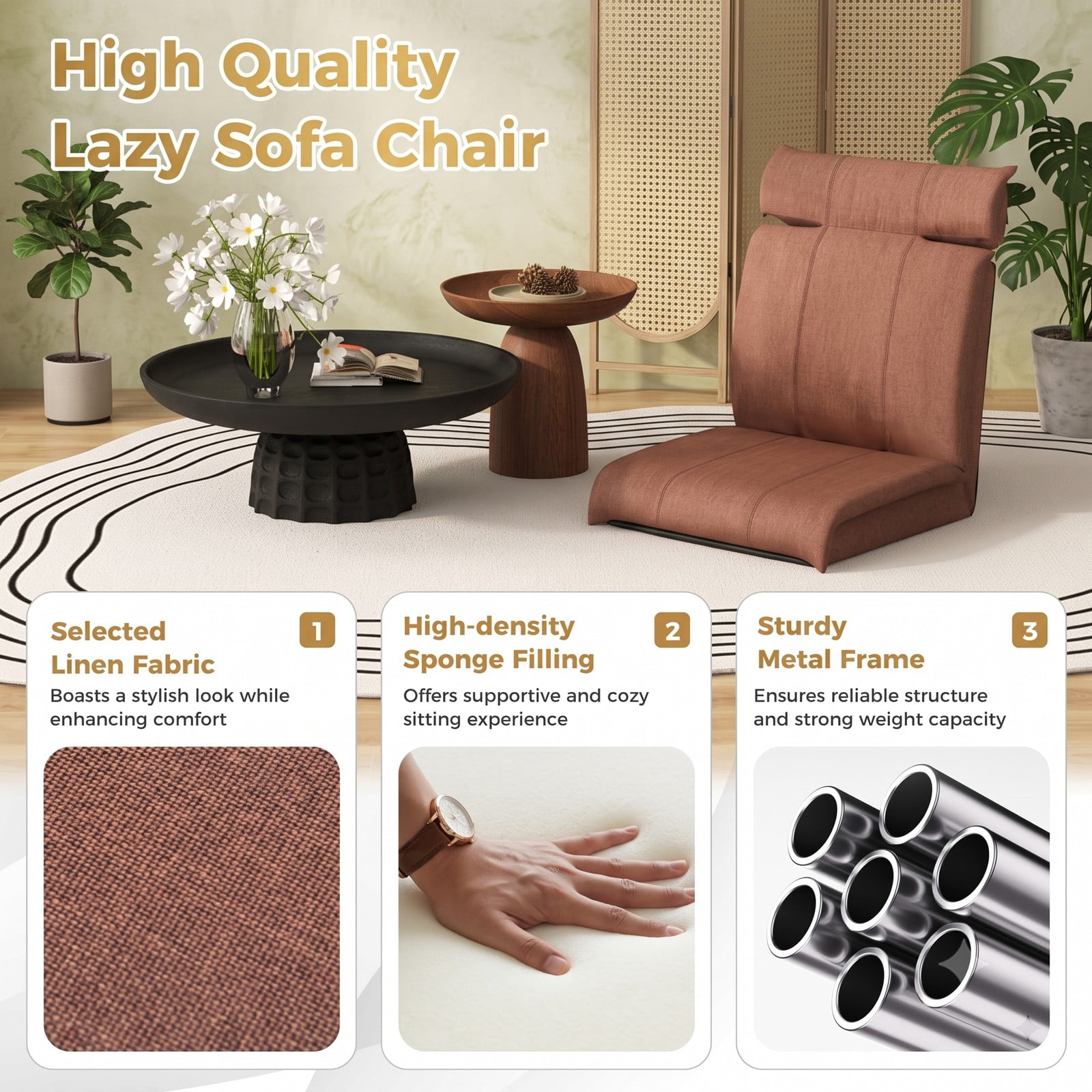 Furnibear Folding Floor Chair Lazy Sofa Lounger with 14-Position Adjustable Backrest and 5-Position Headrest, Linen Padded Recliner for Gaming Reading, Brown