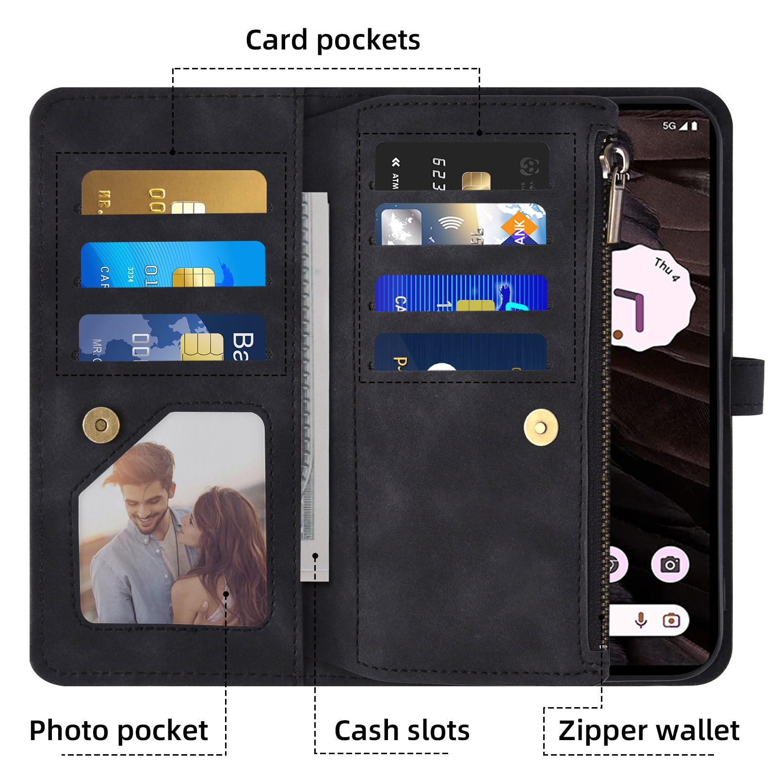 Asuwish Phone Case for Google Pixel 7A 5G 2023 Wallet Cover With Tempered Glass Screen Protector Crossbody Wrist Strap Flip Pattern Zipper Credit Card Holder Stand Cell Pixel7A A7 Women Men Black