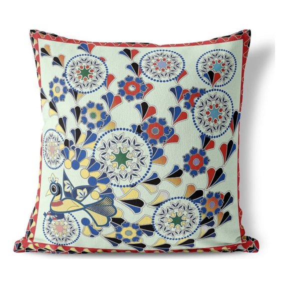 Leafy Peacock Circles Indoor/Outdoor Pillow in Red 16x16
