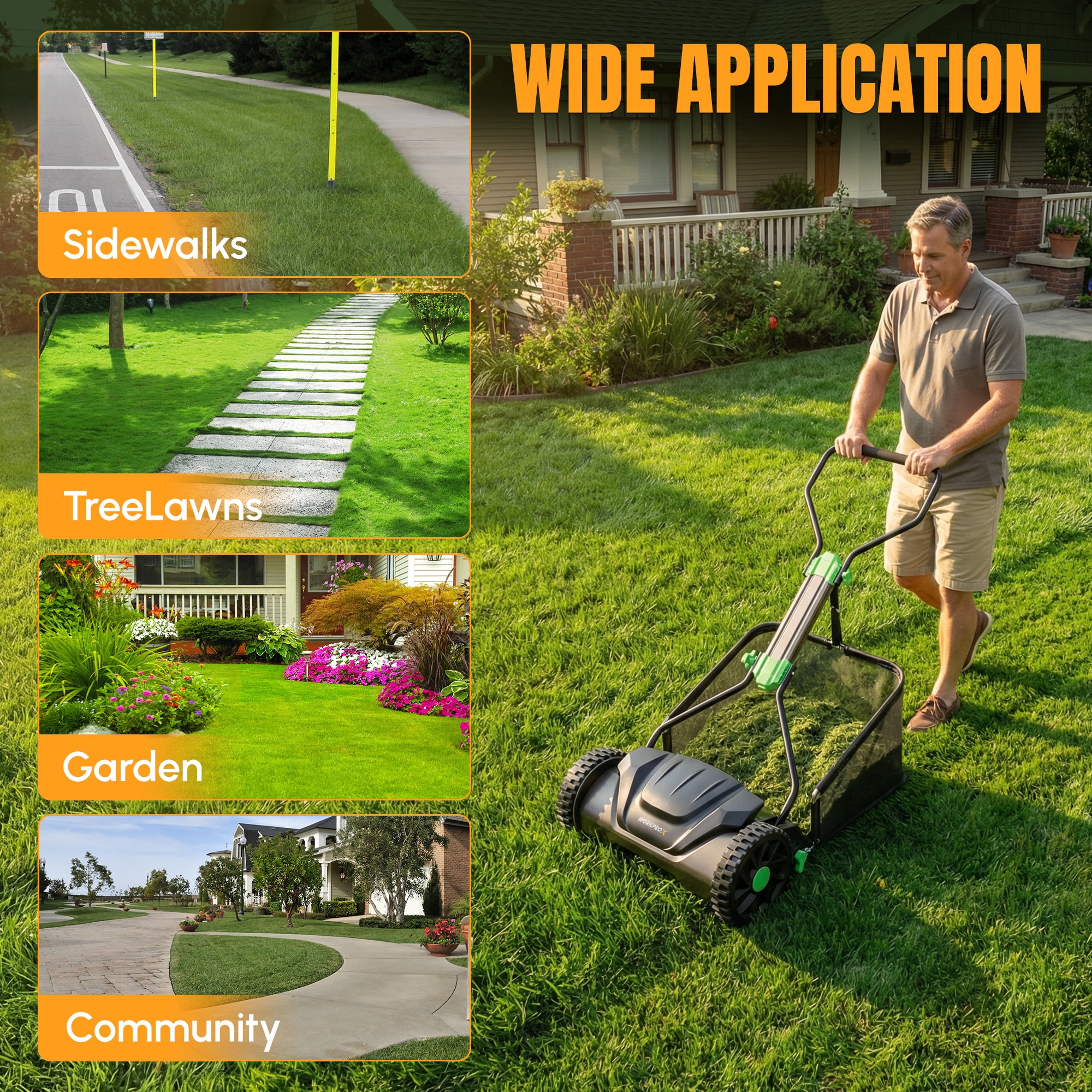 WORKPROX 16-inch Push Reel Lawn Mower, 5-Blade Manual Mower, Adjustable Height, 8-gallon Grass Catcher, for Lawn, Yard & Garden