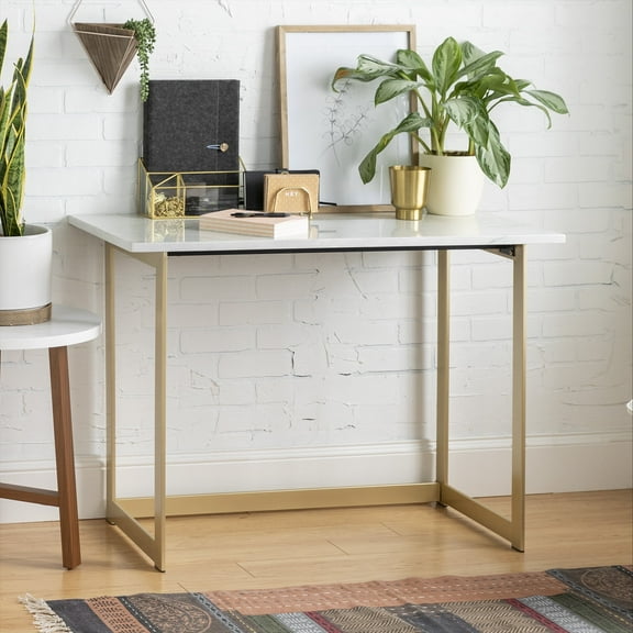 Walker Edison Modern Writing Computer Desk, White Faux Marble/Gold